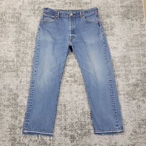 Levis 501 Jeans Men's 34x28 Blue Distressed Raw Hem Classic Straight Leg Denim